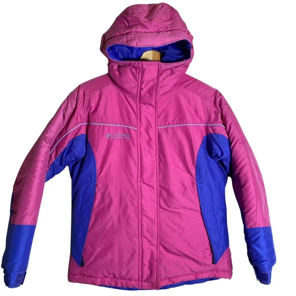 Vintage Columbia Full Zip Hooded Puffer Coat Youth Girls' 14/16 Pink Blue Winter